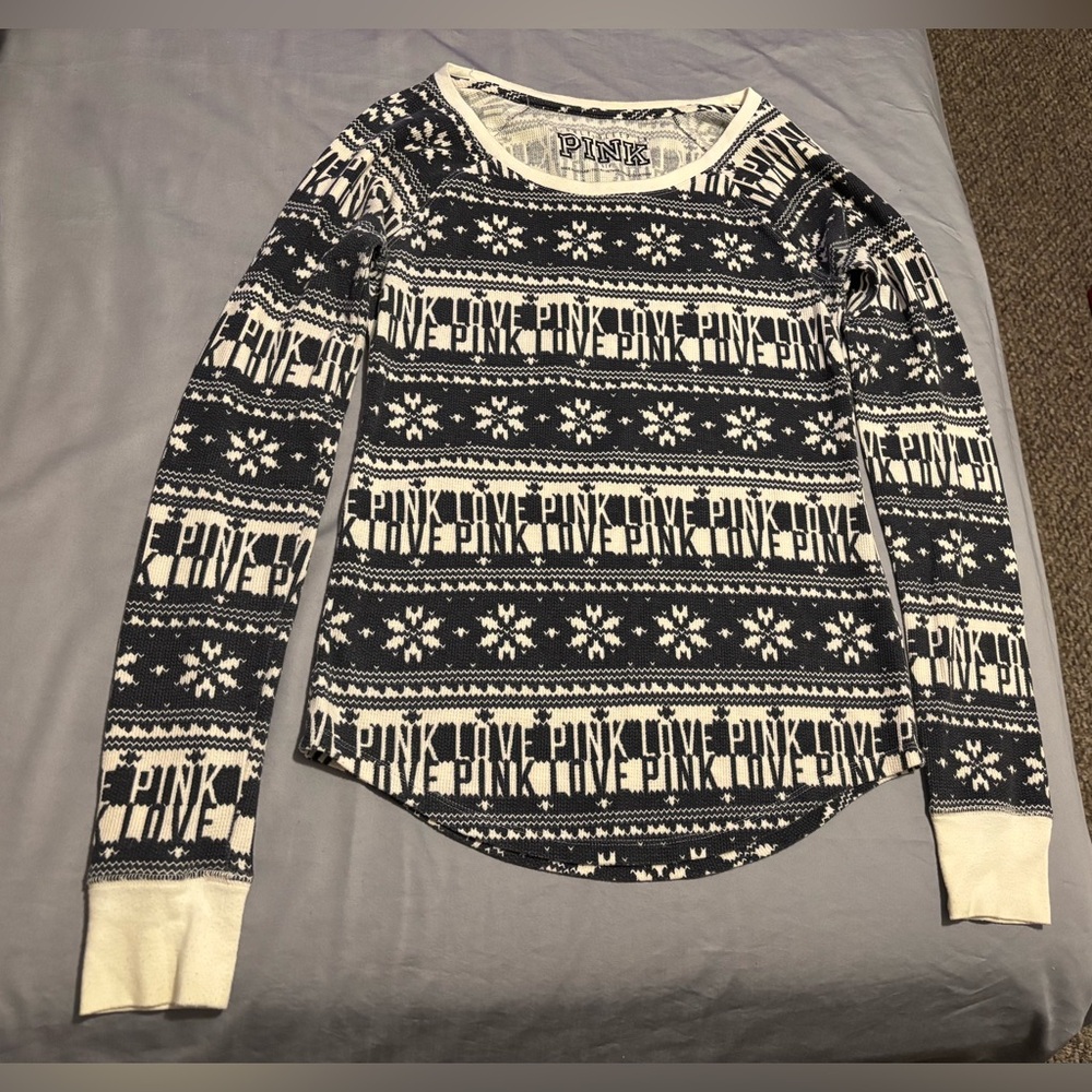 Victoria’s Secret VS PINK Cream/Off White Black Printed Long Sleeve Top Size S